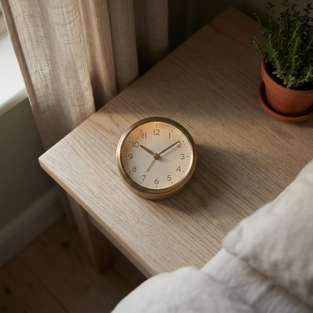 An alarm clock on a bedside table in dim early morning light