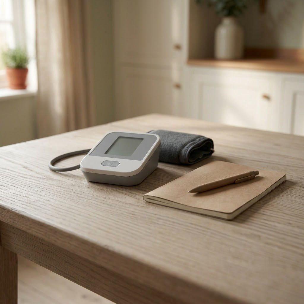 A home blood pressure monitor and cuff on a dining table beside a notebook