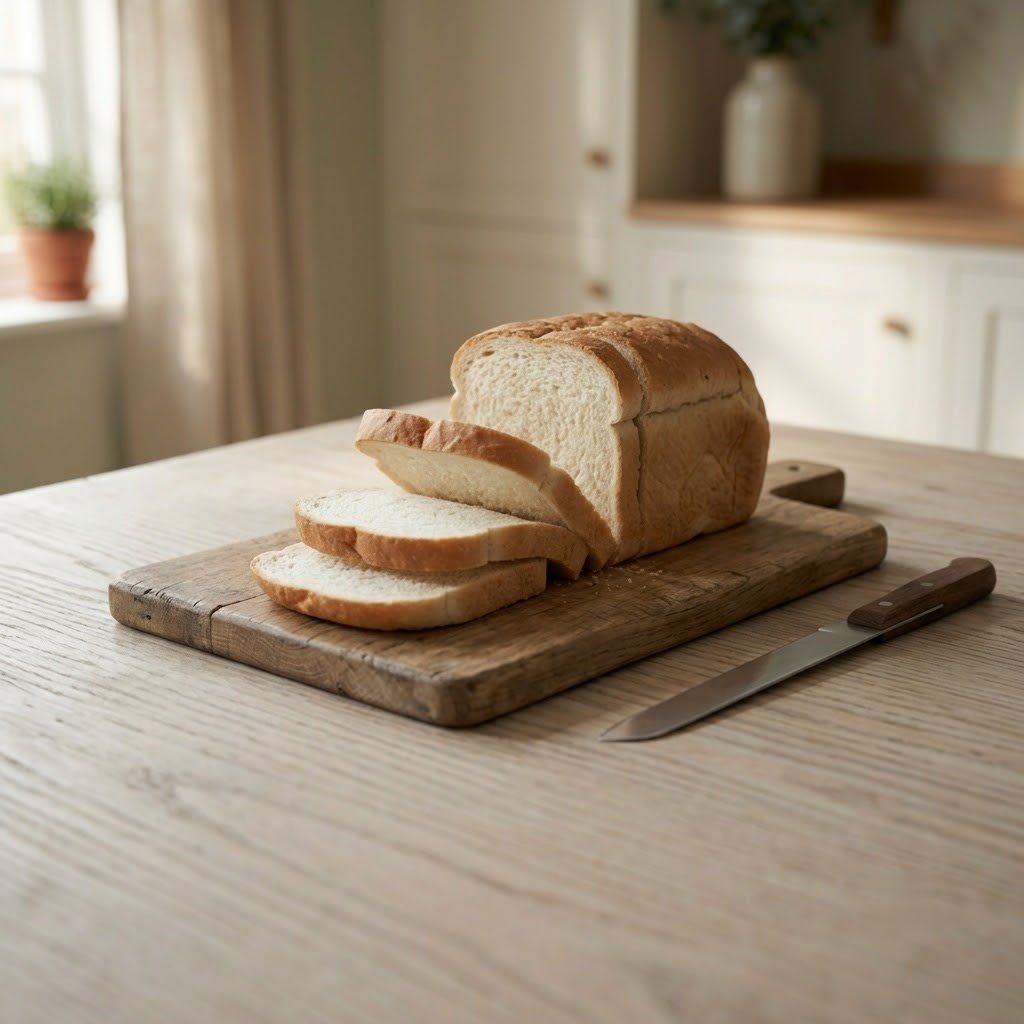 A sliced white sandwich loaf on a wooden board