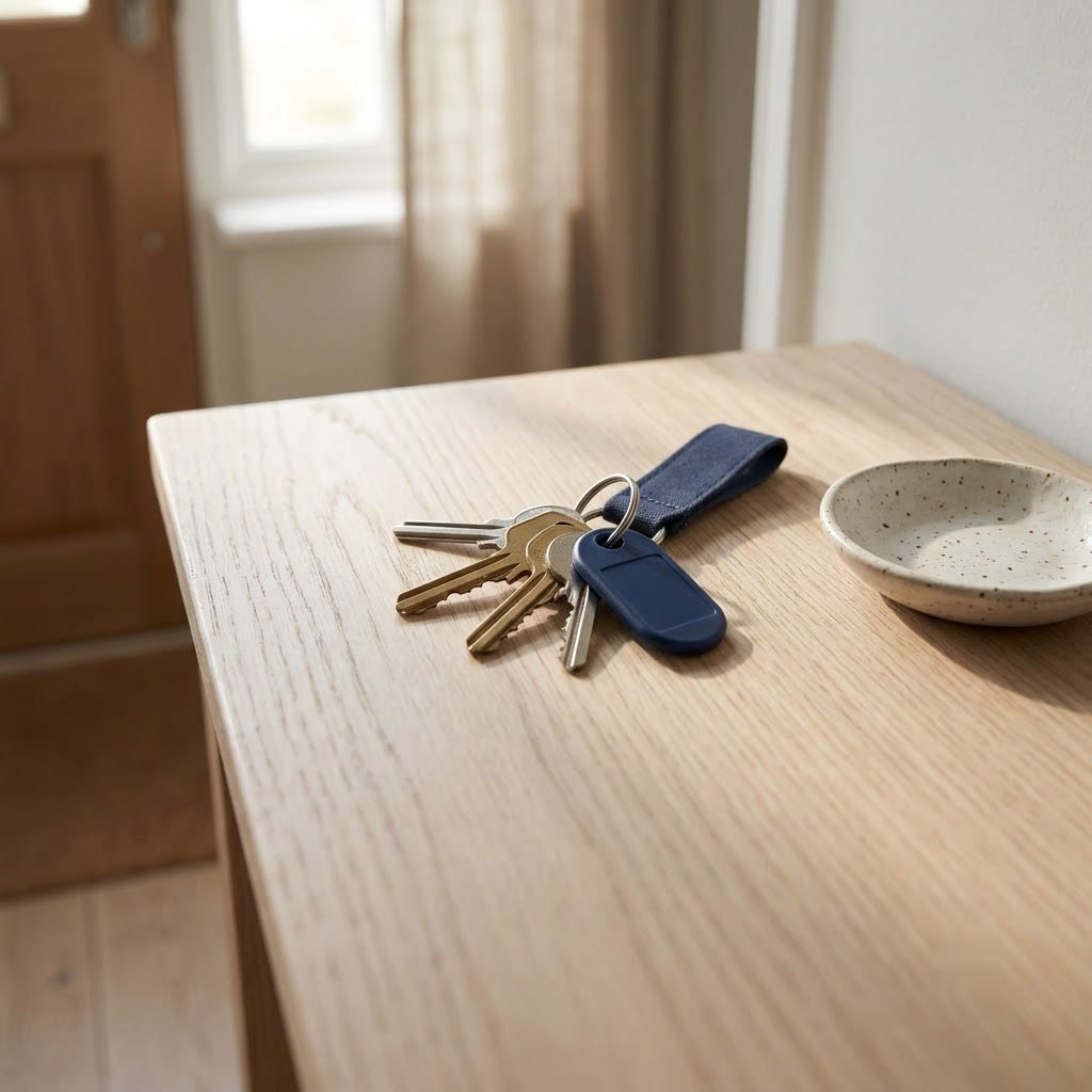 A set of house keys resting on a hall table
