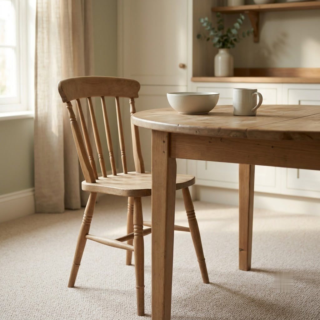 A simple wooden kitchen chair beside a kitchen table