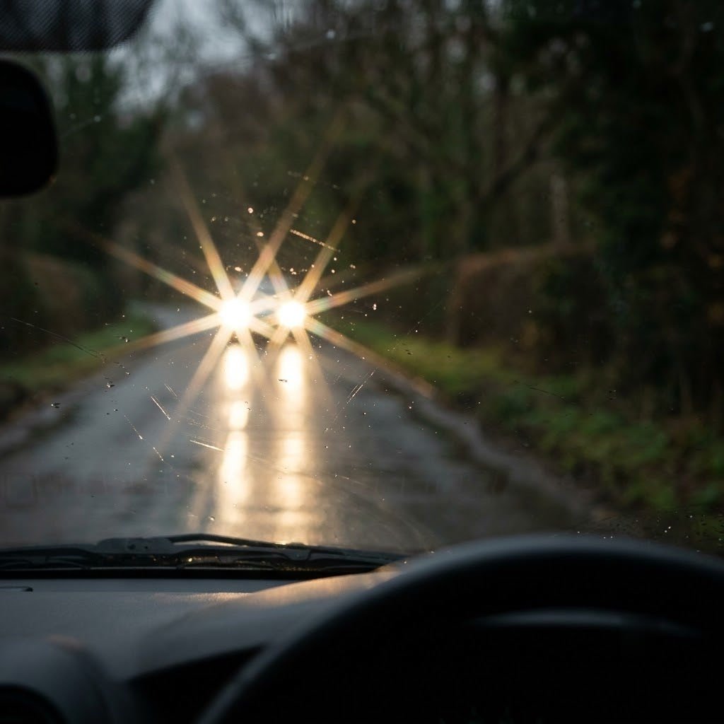 View through a car windscreen at night with oncoming headlights flaring