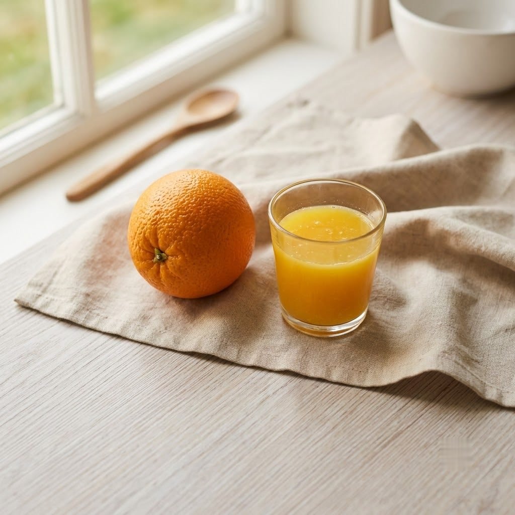 An orange beside a glass of juice on a kitchen counter