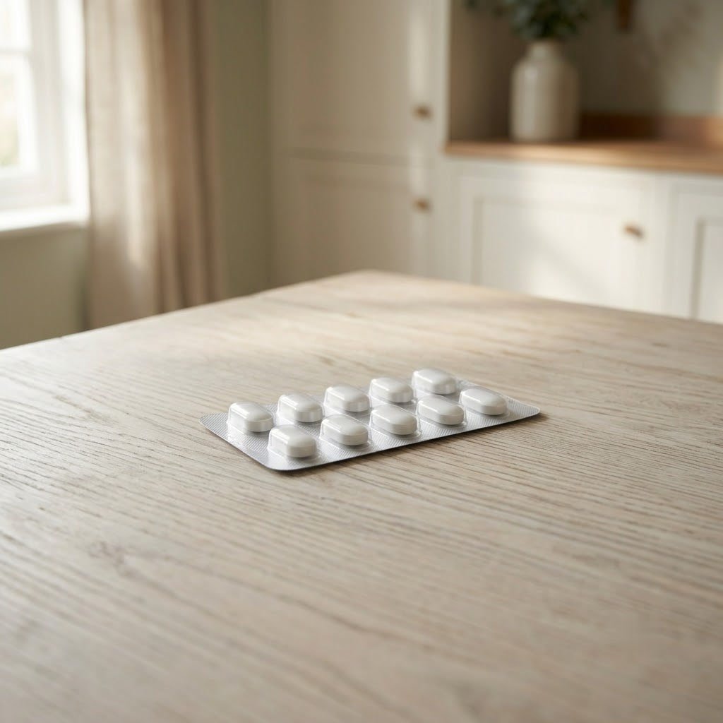 An unlabelled blister pack of white tablets on a wooden worktop