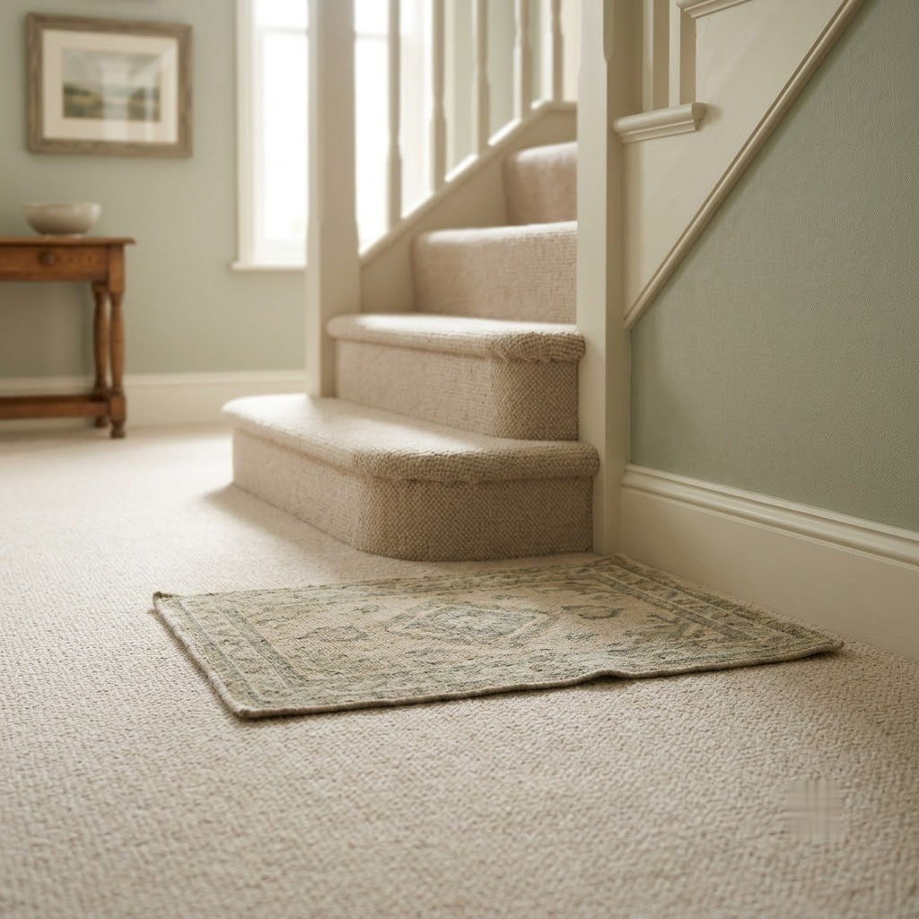 A small loose rug at the foot of a carpeted staircase