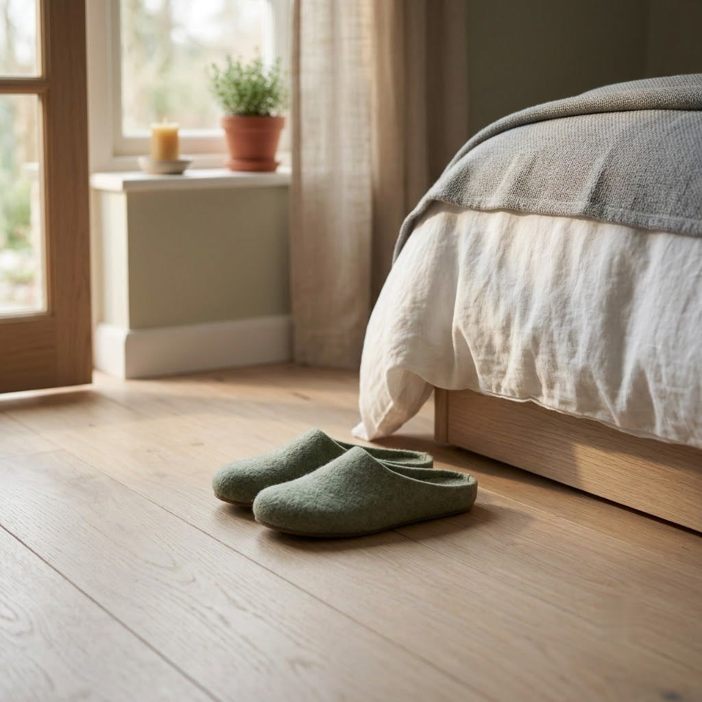 A pair of slippers on the floor beside the edge of a bed in morning light