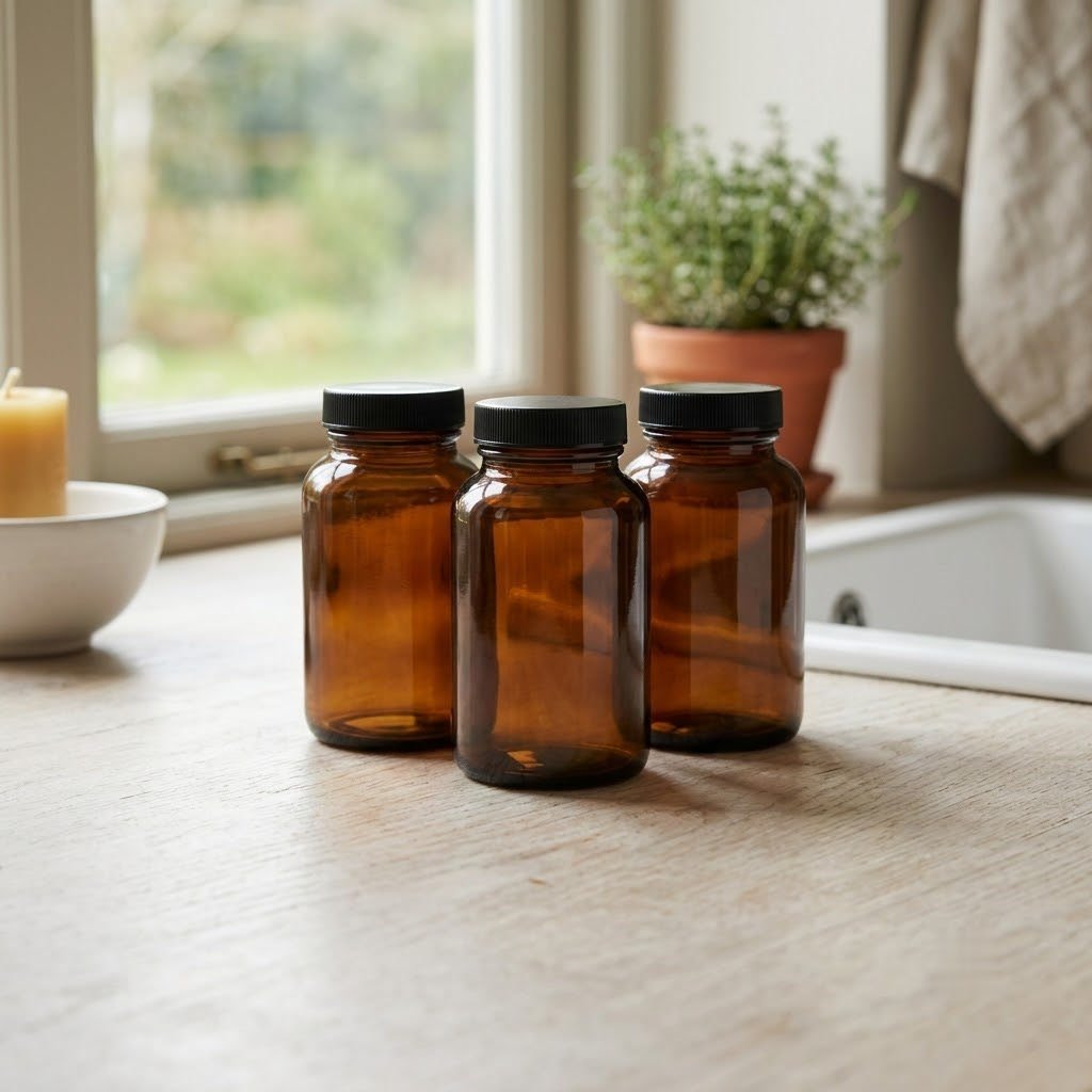 Three plain unlabelled supplement bottles on a kitchen worktop
