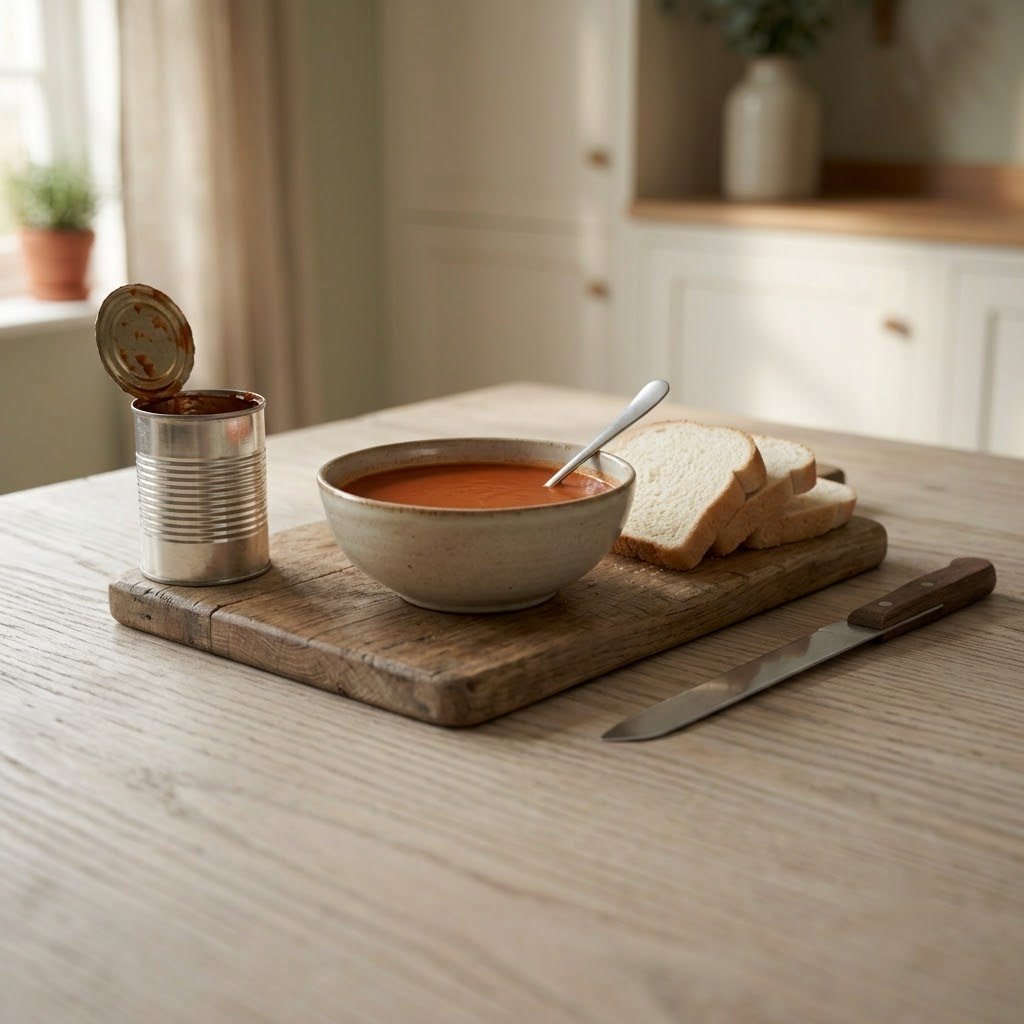 A bowl of tomato soup beside an opened plain tin
