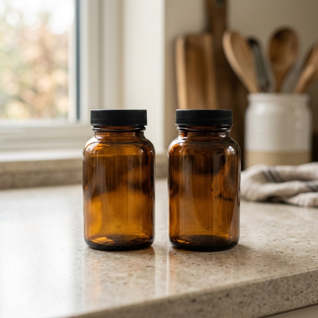 Two plain unlabelled supplement bottles side by side on a worktop