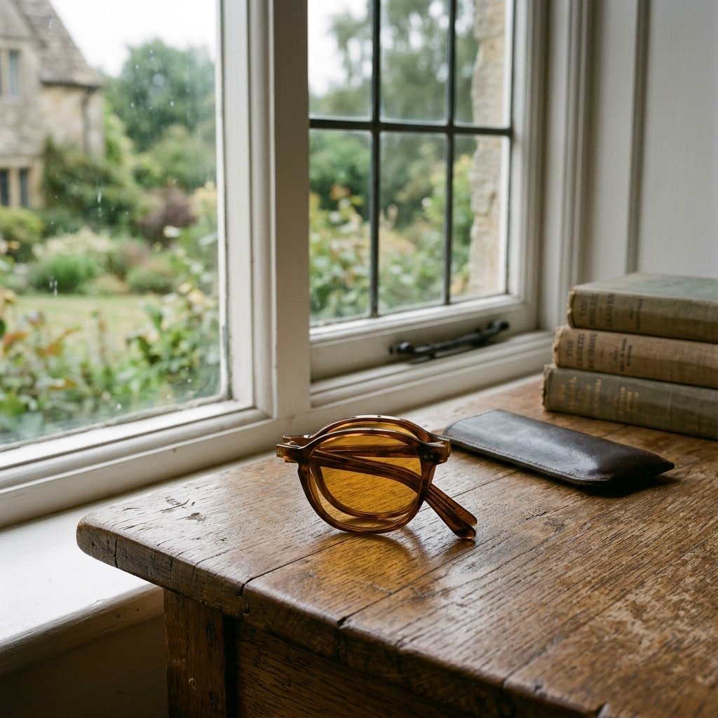 A pair of amber tinted glasses folded on a wooden table