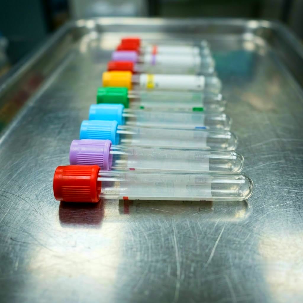Blood sample tubes with coloured caps on a stainless steel tray