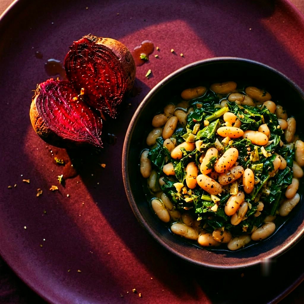 Bowl of beans and greens beside halved roasted beetroot
