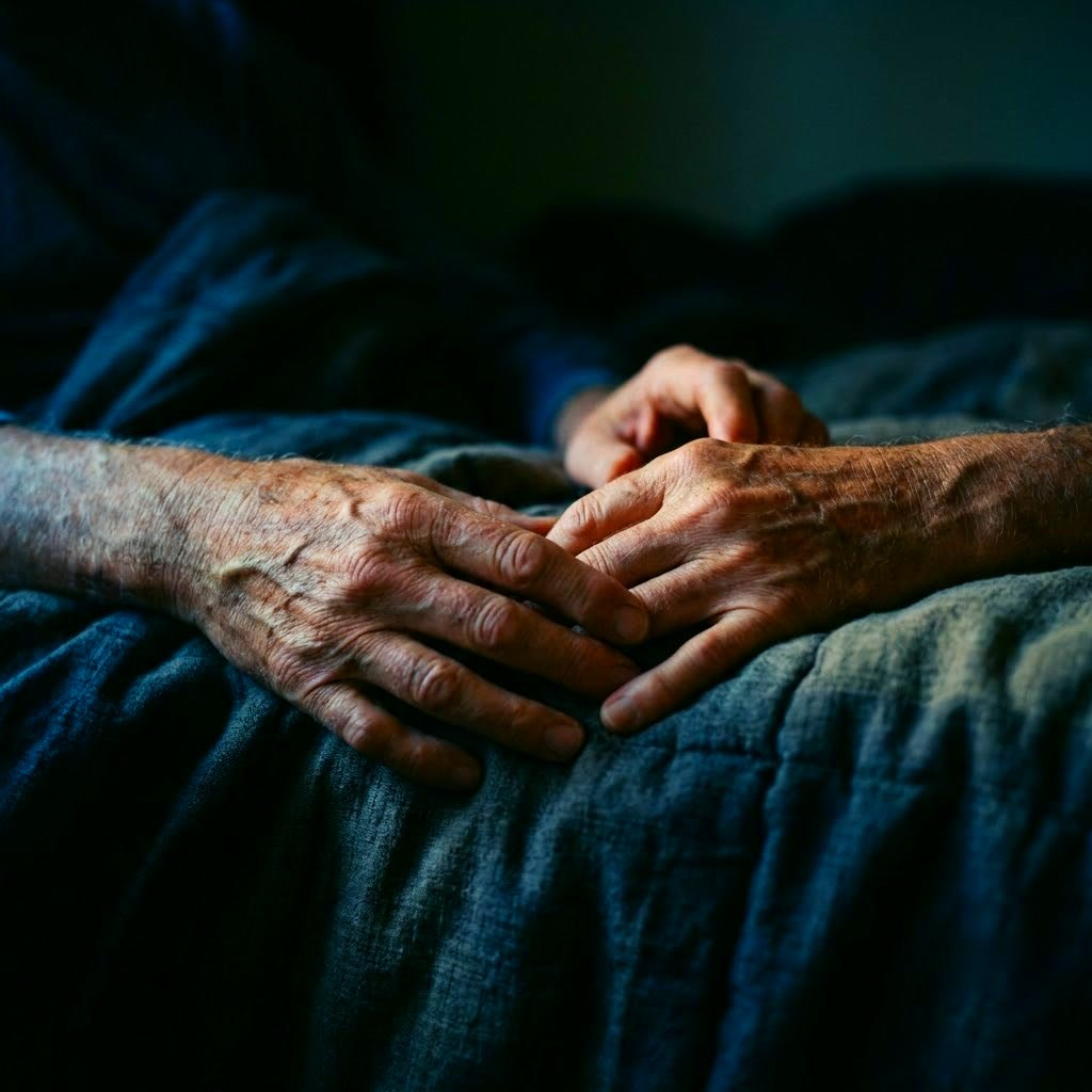 Older hands flexing on the edge of a bed in early morning light