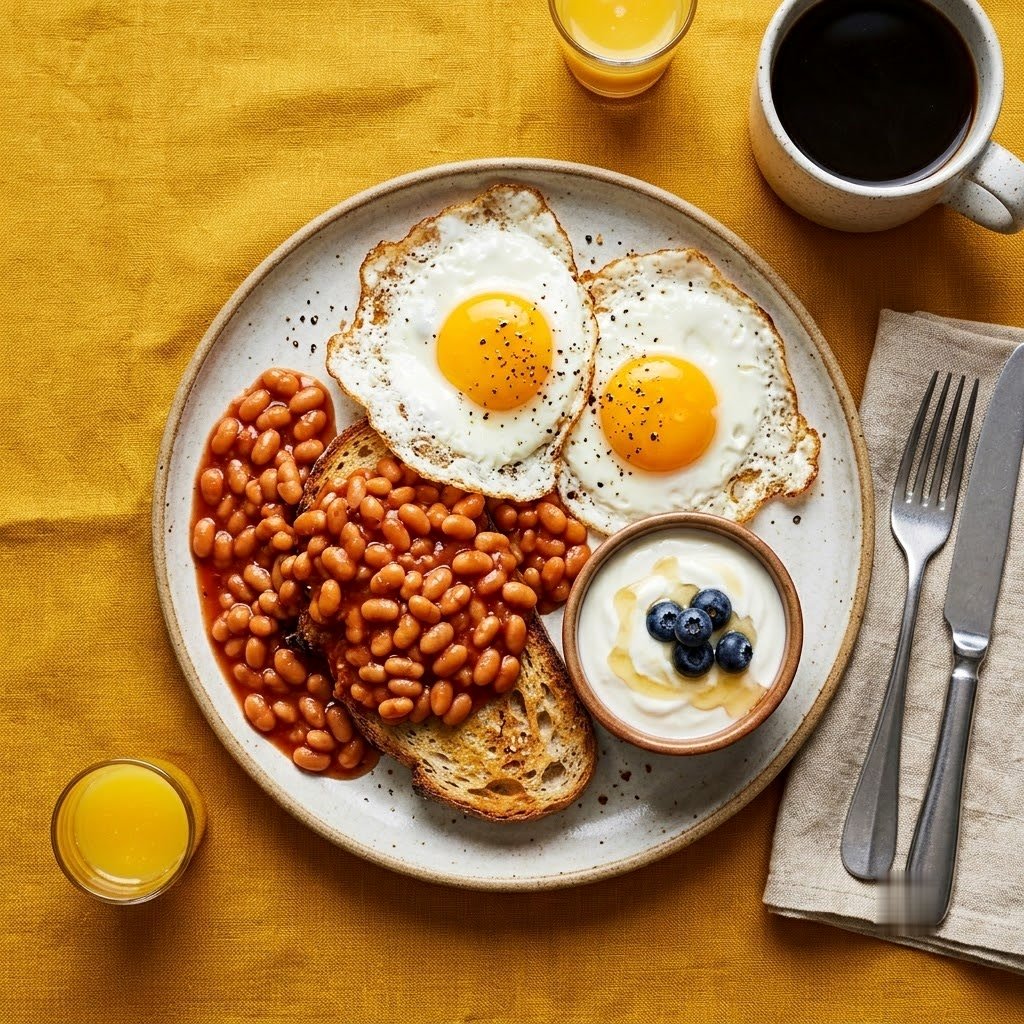 Breakfast plate of eggs, beans on toast and yoghurt on a yellow cloth