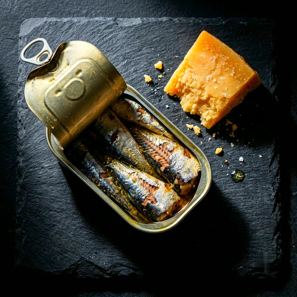 Open tin of sardines beside a wedge of hard cheese on dark slate