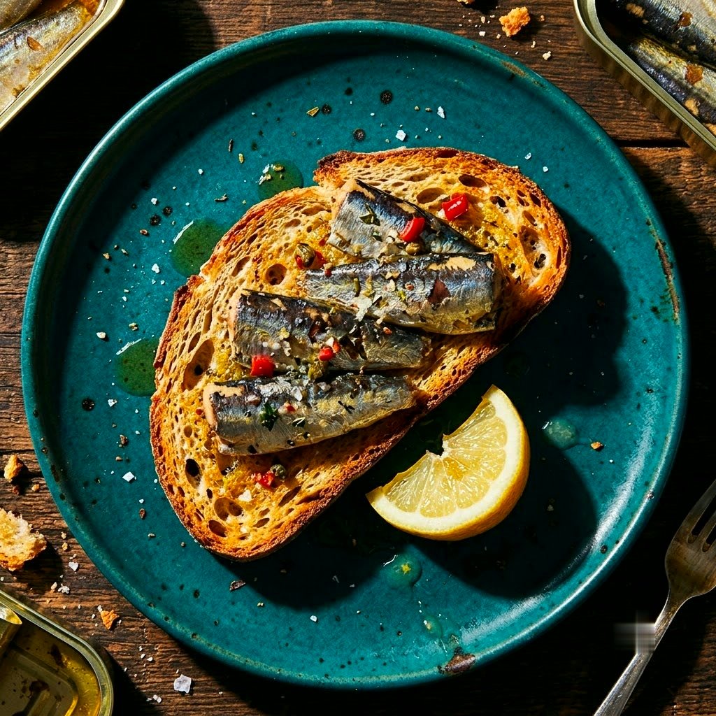 Tinned sardines on toast with a lemon wedge on a teal plate