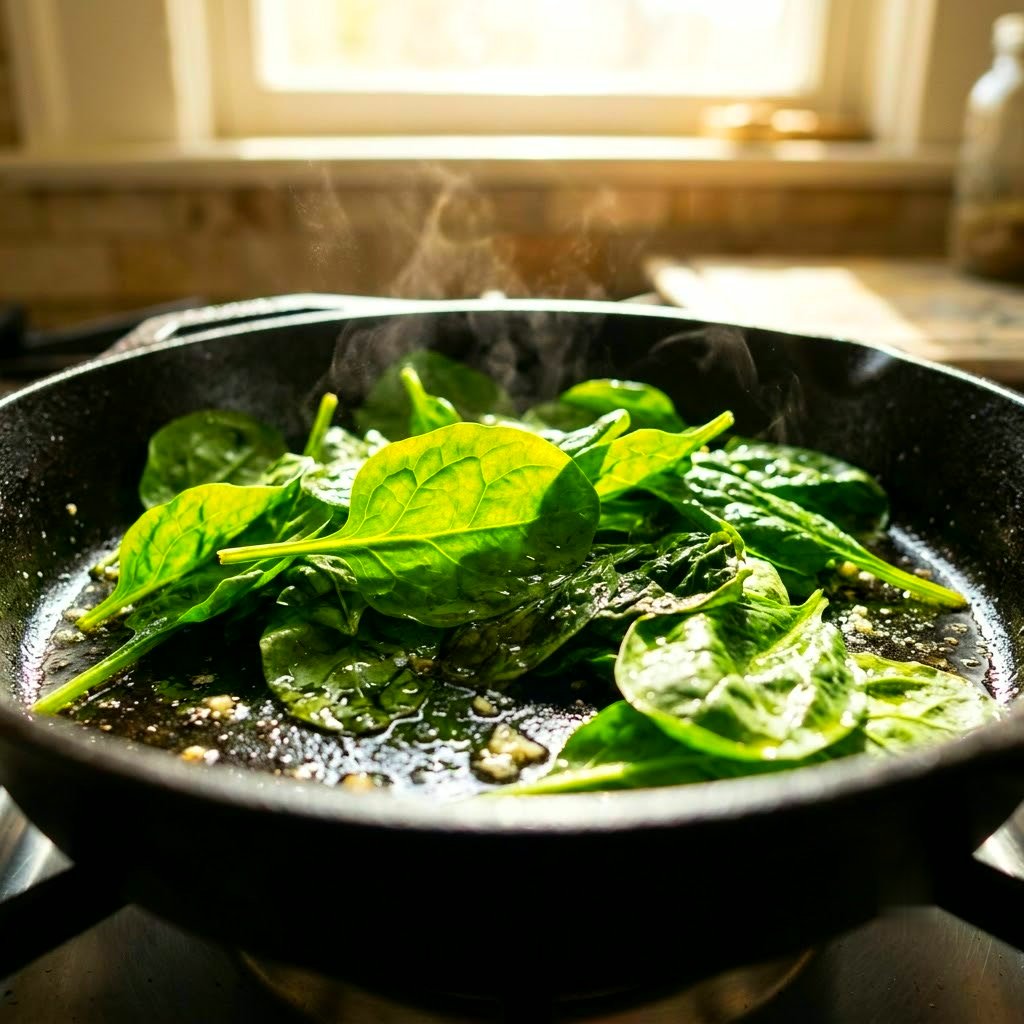 Spinach wilting in olive oil in a hot pan, backlit by daylight