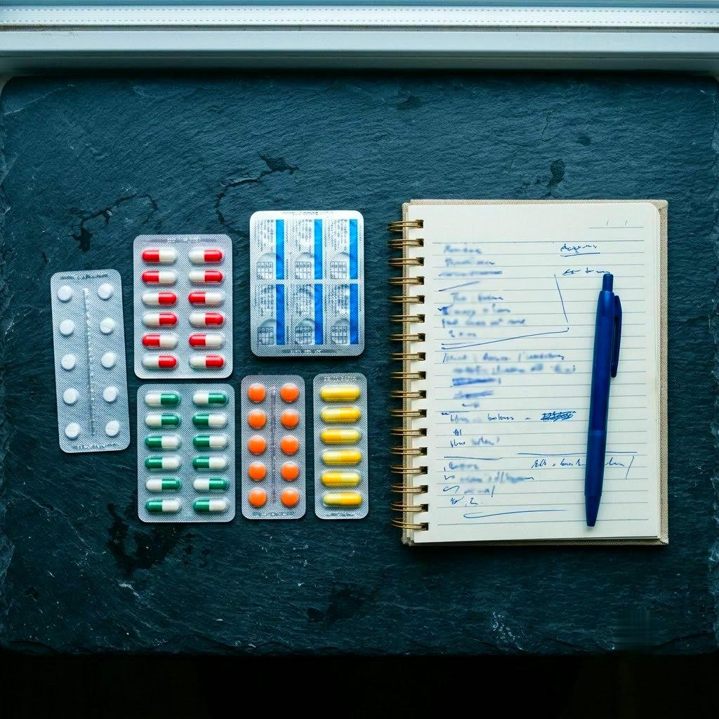 Blister packs of tablets laid out beside an open notebook and pen