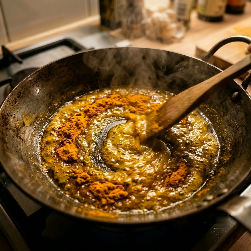 Turmeric being stirred into hot oil in a dark pan